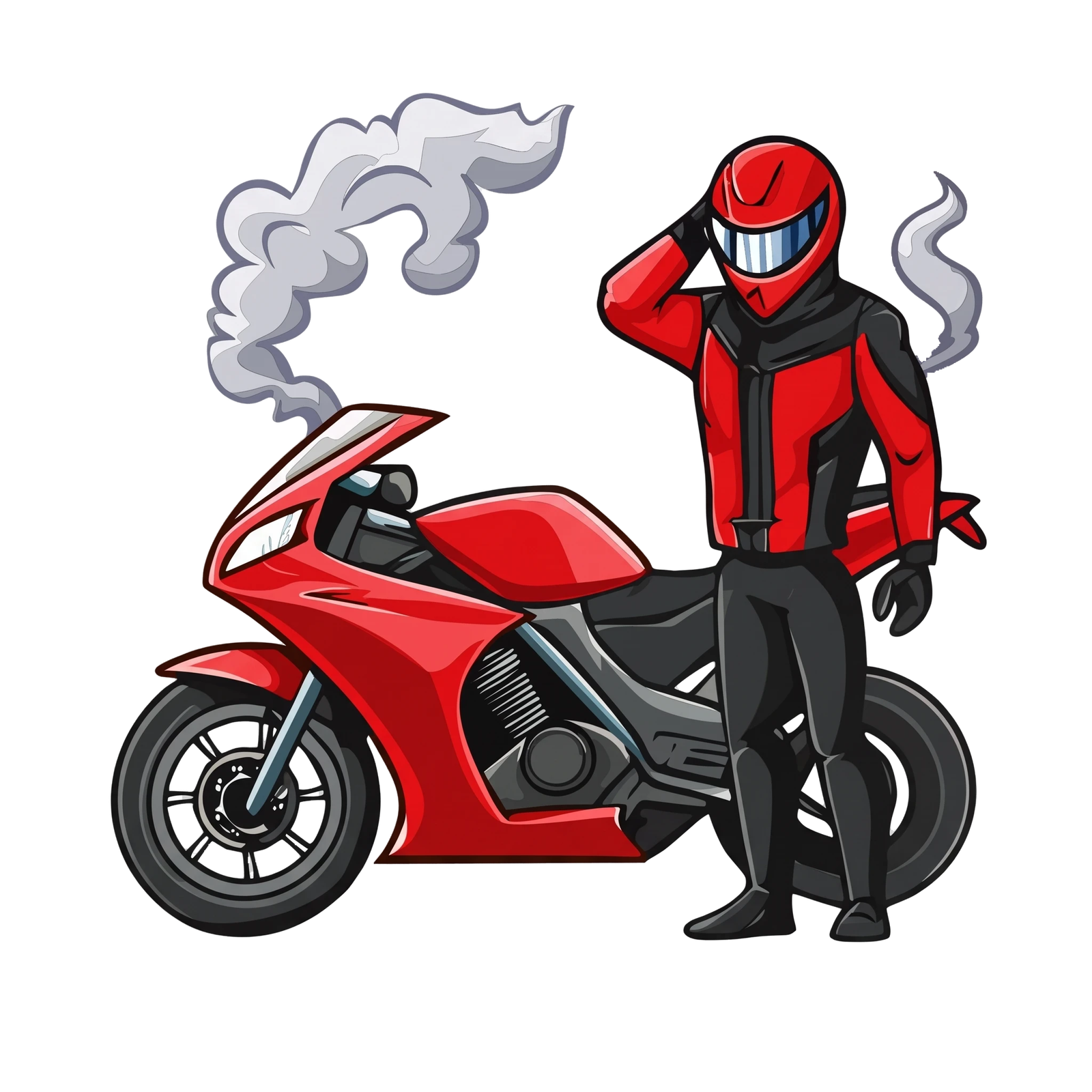 Illustration of a biker standing beside a red sports motorcycle